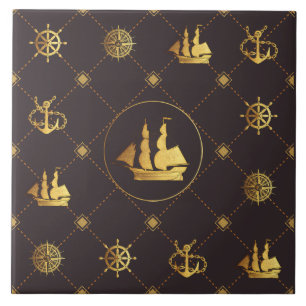 Gold Sail Ship Ceramic Tile