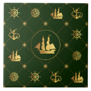 Gold Sail Ship Ceramic Tile