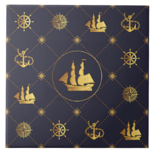 Gold Sail Ship Ceramic Tile