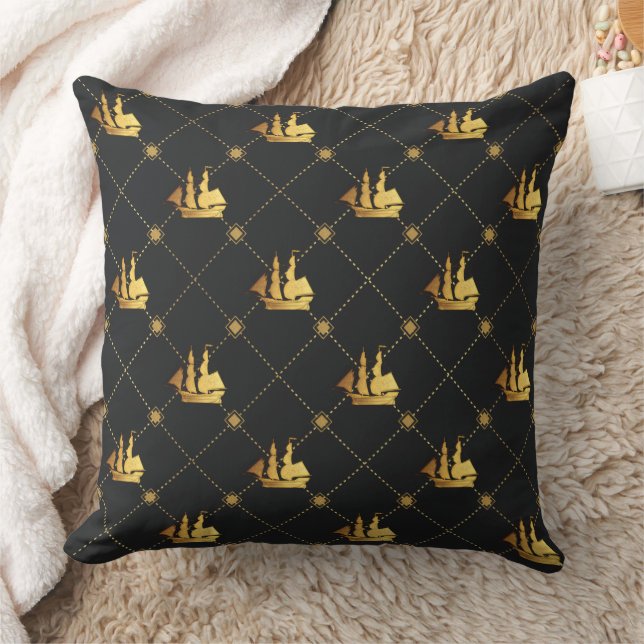 Gold Sail Ship Throw Pillow (Blanket)