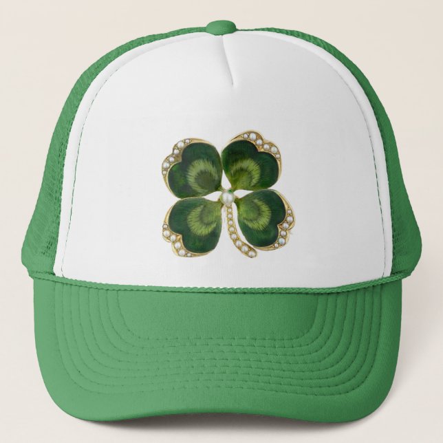 Gold Saint Patrick Shamrock Jewel with Pearls Trucker Hat (Front)