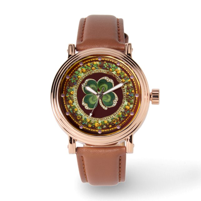 Gold Saint Patrick Shamrock Jewel with Pearls Watch (Front)
