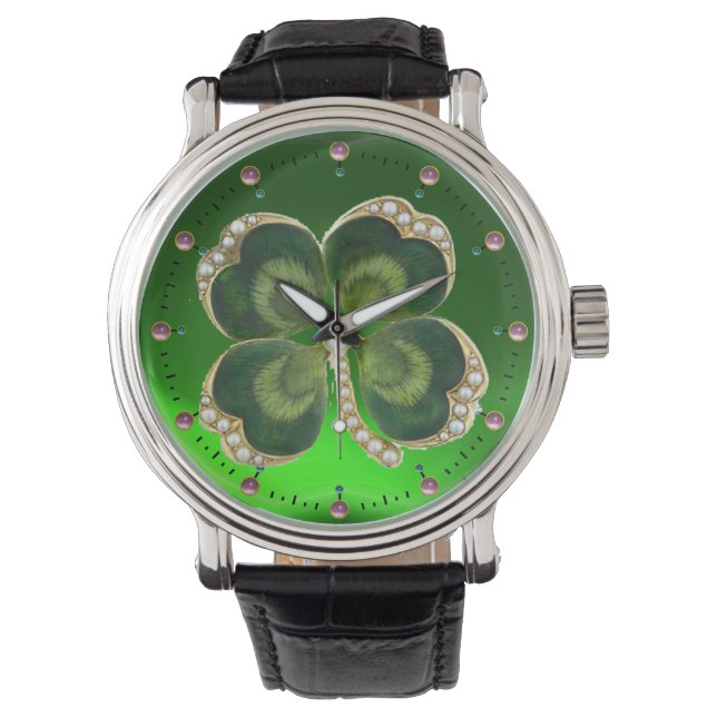 Gold Saint Patrick Shamrock Jewel with Pearls Watch (Front)