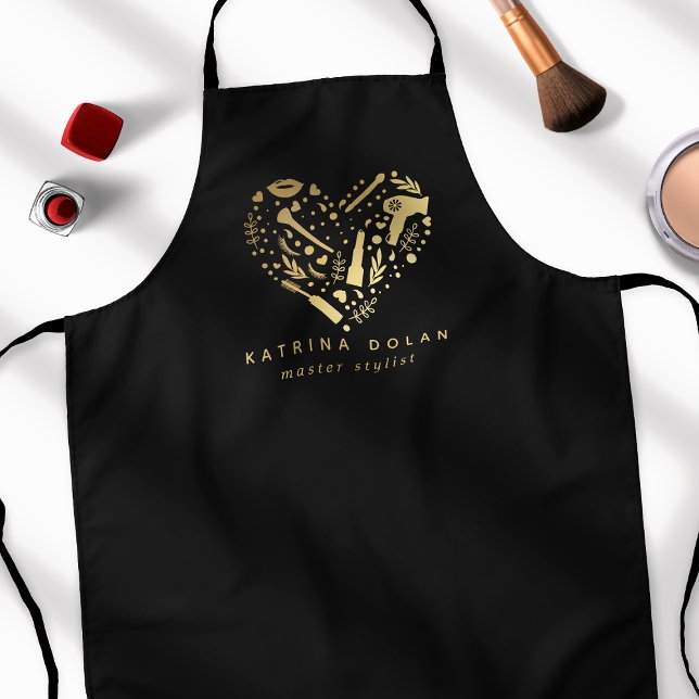 Gold Salon Heart Hair Stylist Personalised Name Apron (Creator Uploaded)