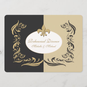 Gold Sand and Black Fleur de Lis Wedding Event Invitation
