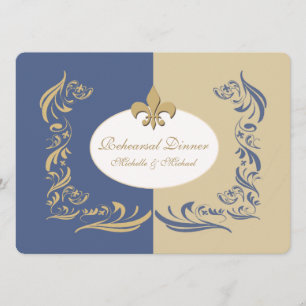 Gold Sand and Ice Blue Fleur de Lis Wedding Event Invitation