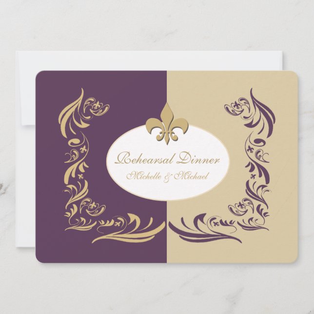 Gold Sand and Purple Fleur de Lis Wedding Event Invitation (Front)