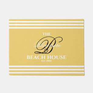 Gold Sand White Stripes Black Initial Name Outside Doormat