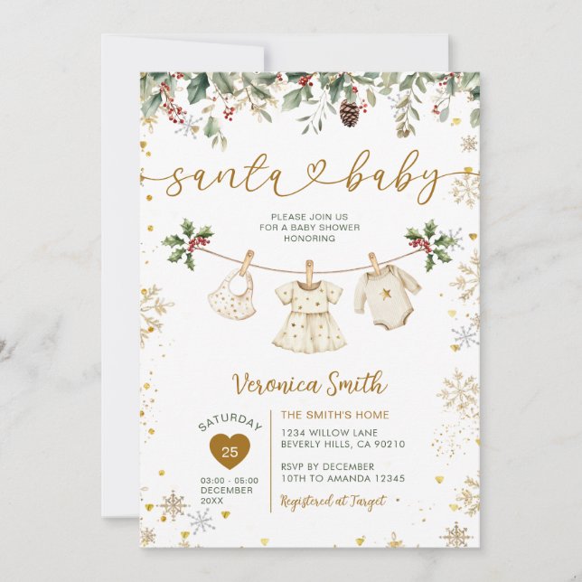 Gold Santa Baby Shower Clothes Christmas Floral Invitation (Front)