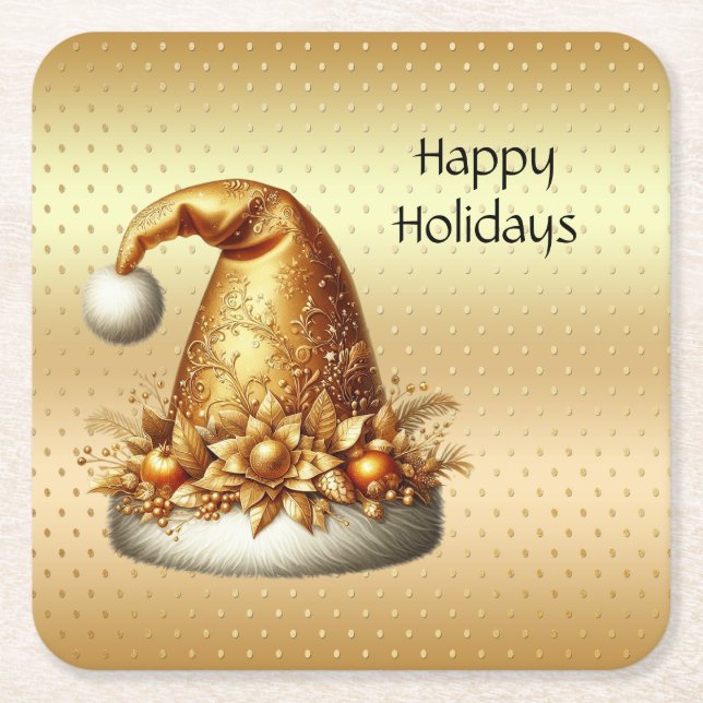 Gold Santa Hat Holiday Paper Coaster (Front)