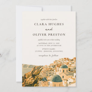 Gold Santorini Caldera Village Watercolor Wedding Invitation