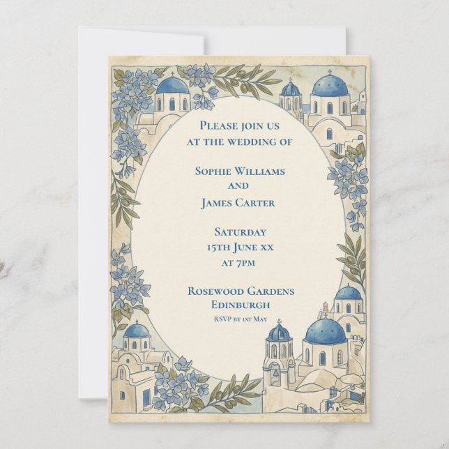 Gold Santorini Floral Wedding Invitation (Front)