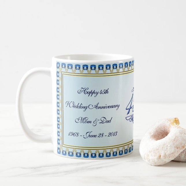 Gold Sapphire Blue 45th Wedding Anniversary Coffee Mug (With Donut)