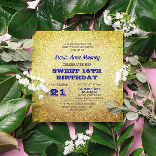 Gold & Sapphire Blue Sparkly Sweet 16 Invitation