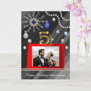 Gold Sapphire Glitter Gem 5th Wedding Anniversary Card