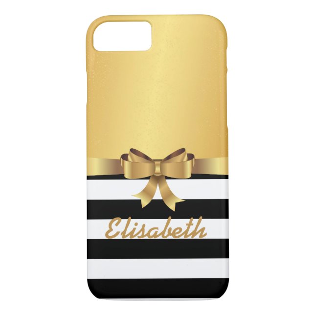 Gold satin BLACK white stripe GOLD BOW MONOGRAM Case-Mate iPhone Case (Back)