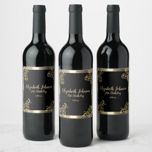 Gold Satin Glitter Scroll Birthday Wine Label