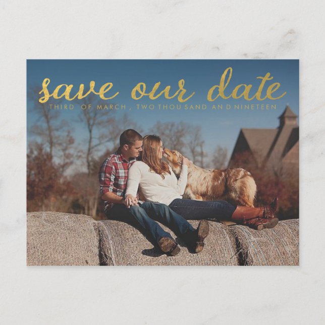 Gold Save Our Date Photo Overlay Postcard (Front)