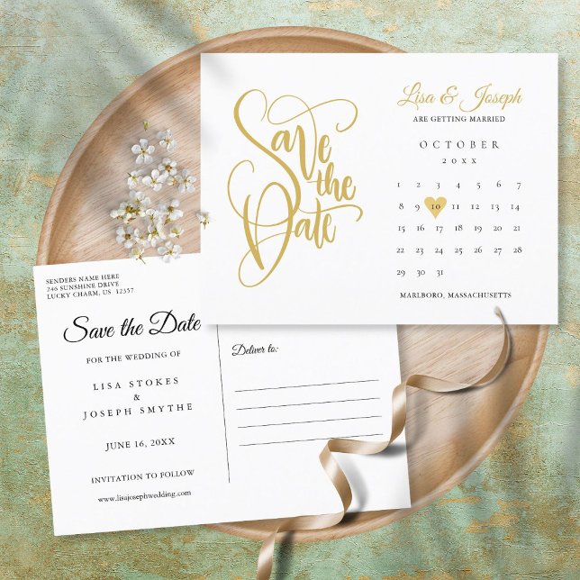 Gold Save the Date Calendar Love Heart Postcard (Creator Uploaded)