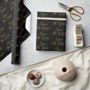 Gold Save-the-Date Calligraphy Pattern on Black Wrapping Paper