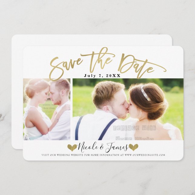 Gold Save the Date Modern Photo Wedding Engagement Invitation (Front/Back)