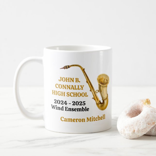 Gold Saxophone Player Personalised Band Coffee Mug (With Donut)