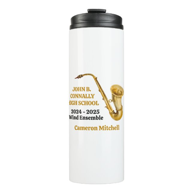 Gold Saxophone Player Personalised Band Thermal Tumbler (Front)