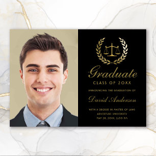 Gold Scales of Justice Law Black Graduation Announcement