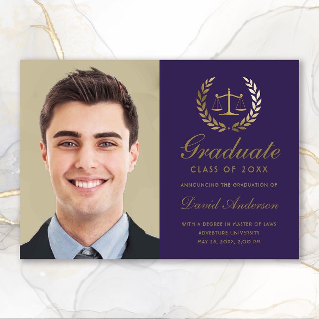 Gold Scales of Justice Law Purple Graduation Announcement (Gold Scales of Justice Law Purple Photo Graduation Announcement)