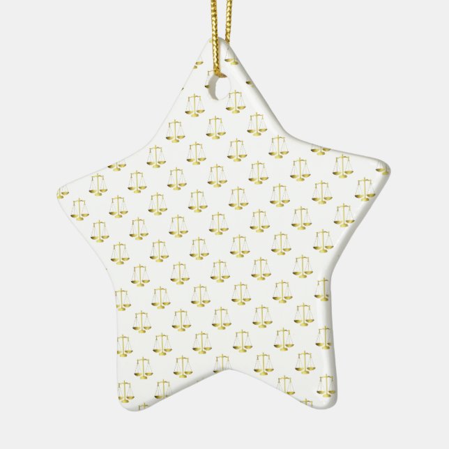 Gold Scales Of Justice on White Repeat Pattern Ceramic Tree Decoration (Left)