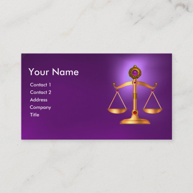 GOLD SCALES OF LAW,ATTORNEY PURPLE GEM MONOGRAM BUSINESS CARD (Front)