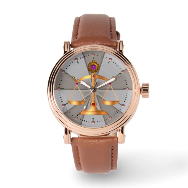 GOLD SCALES OF LAW,GEM STONES ,Justice Symbol Grey Watch (Front)