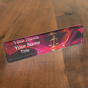 GOLD SCALES OF LAW ,Justice Symbol Red Black Nameplate