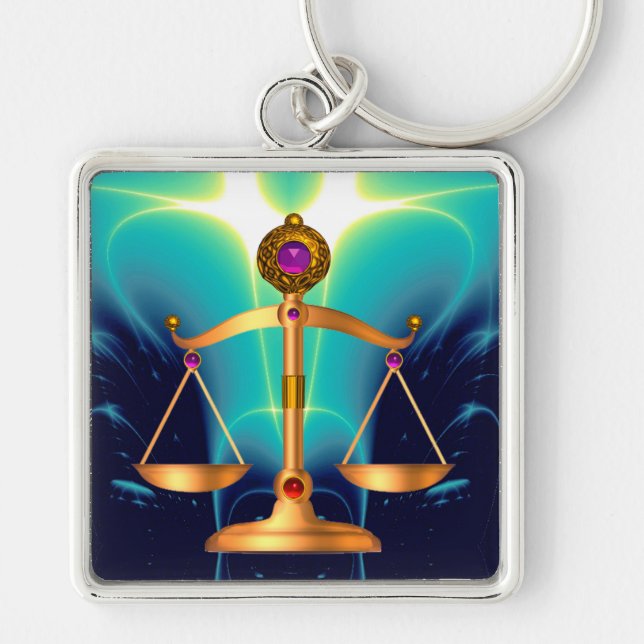 GOLD SCALES OF LAW WITH GEM STONES ,Justice Symbol Key Ring (Front)