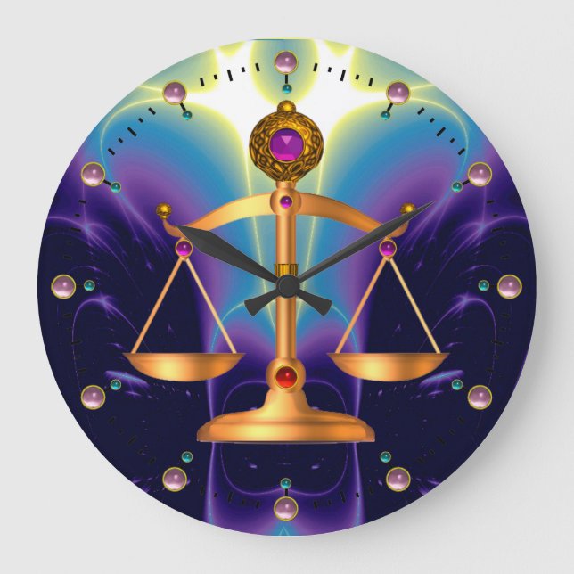 GOLD SCALES OF LAW WITH GEM STONES ,Justice Symbol Large Clock (Front)