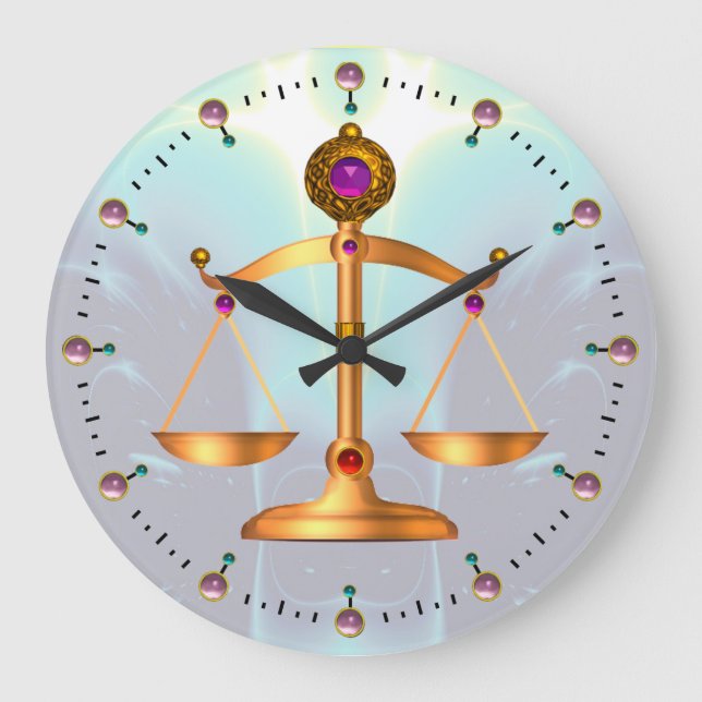 GOLD SCALES OF LAW WITH GEM STONES ,Justice Symbol Large Clock (Front)