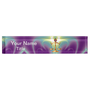 GOLD SCALES OF LAW WITH GEM STONES ,Justice Symbol Nameplate