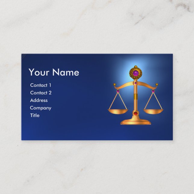 GOLD SCALES OF LAW WITH GEM STONES MONOGRAM Blue Business Card (Front)