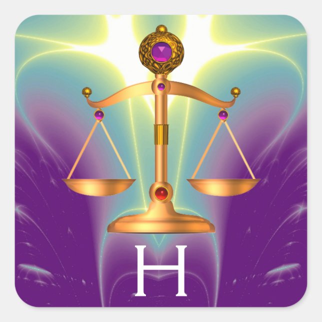 GOLD SCALES OF LAW WITH GEM STONES MONOGRAM SQUARE STICKER (Front)