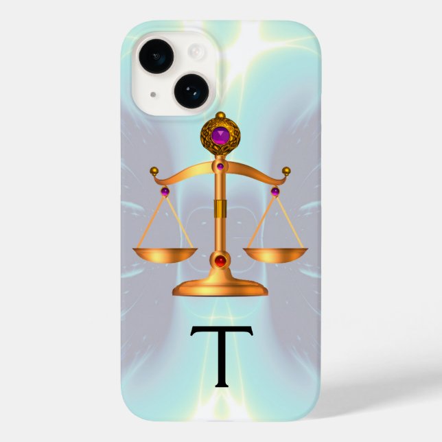 GOLD SCALES OF LAW WITH GEM STONES MONOGRAM Teal Case-Mate iPhone Case (Back)