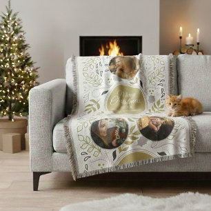 Gold Scandinavian Foliage 3 Photo Christmas Throw Blanket