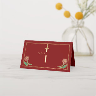 Gold Scarlet Royal Mediaeval Floral Sword Wedding  Place Card