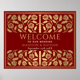 Gold Scarlet Royal Sword Wedding Welcome Sign