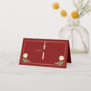 Gold Scarlet Royal White Floral Sword Wedding Place Card