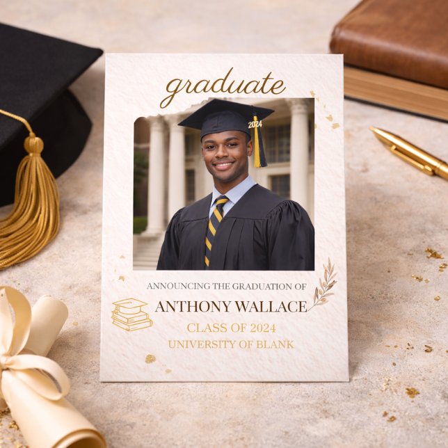Gold Scholar Portrait Invitation (Gold accented graduate portrait layout for announcing a college commencement milestone)