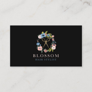 Gold Scissor Floral Wreath Logo Hair Stylist Salon Business Card
