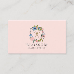 Gold Scissor Floral Wreath Logo Hair Stylist Salon Business Card