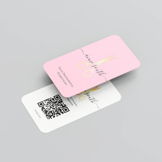 Gold Scissor Hairstylist Hairdresser QR Pink Business Card (Creator Uploaded)