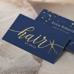 Gold Scissor Typography Hair Stylist Navy Blue Business Card