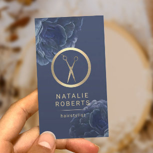 Gold Scissor Vintage Blue Floral Hair Stylist Business Card